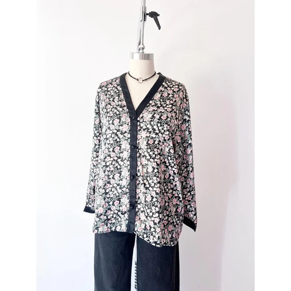 Vintage Black‎ Floral Satin Pajama Top Blouse
